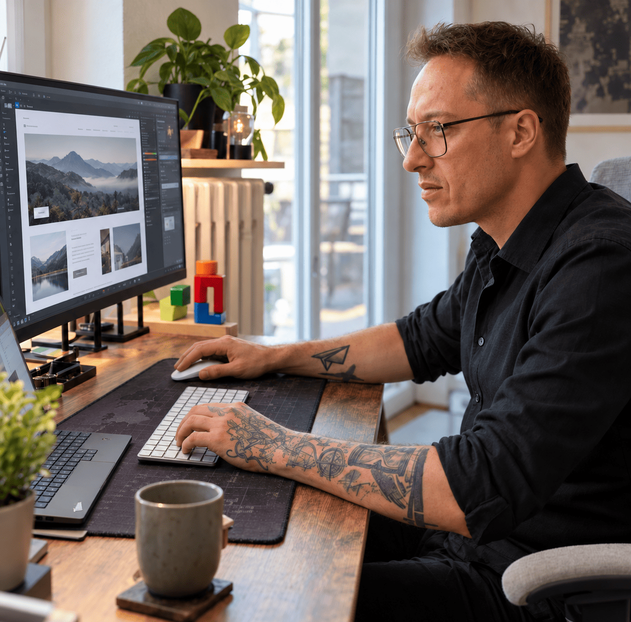Daniel Kuk przy stanowisku pracy nad projektem strony internetowej.