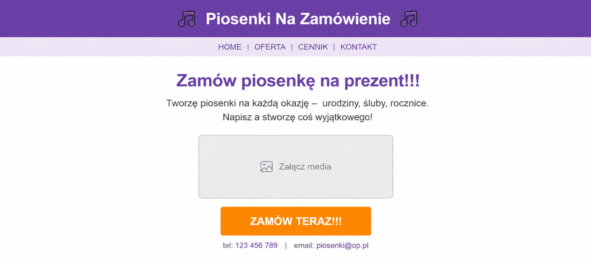 Pierwsza wersja strony napiszpiosenke.pl przed transformacją